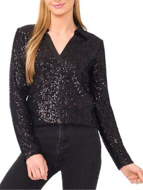 $69 CeCe Women's Sequined Long Sleeve Polo Top Black Size S
